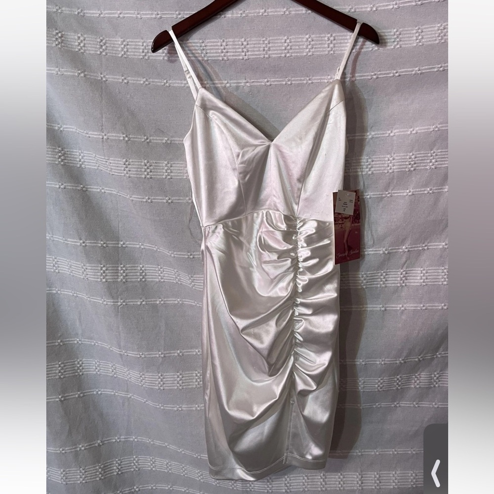 Emerald  Sundae White Satin Ruched Mini Dress